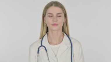 Approval by Young Female Doctor, Shaking Head on White Background 