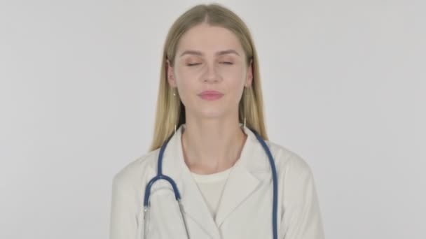 Approval Young Female Doctor Shaking Head White Background — Stock video