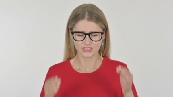 Casual Young Woman Headache White Background — Video