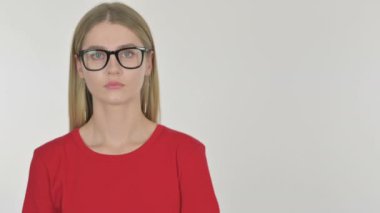 Casual Young Woman Pointing on Side on White Background 