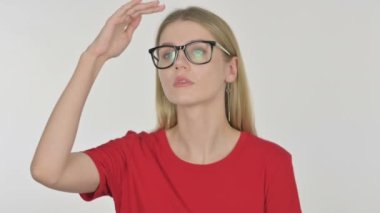 Casual Young Woman Searching on White Background 