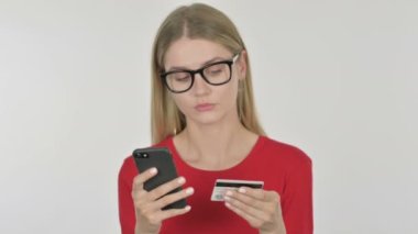 Online Shopping on Smartphone by Casual Young Woman on White Background 