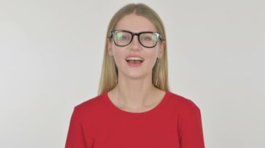 Casual Young Woman Talking on Online Video Call on White Background 