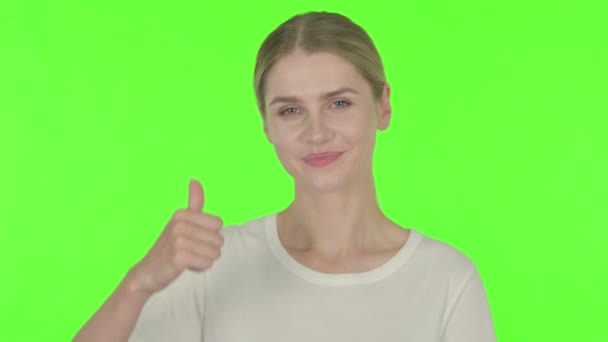 Thumbs Casual Young Woman Green Background — Video