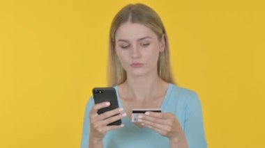 Online Payment Failure for Casual Young Woman on Yellow Background 