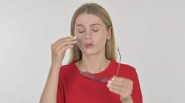 Tires Casual Young Woman Rubbing Eyes on White Background 
