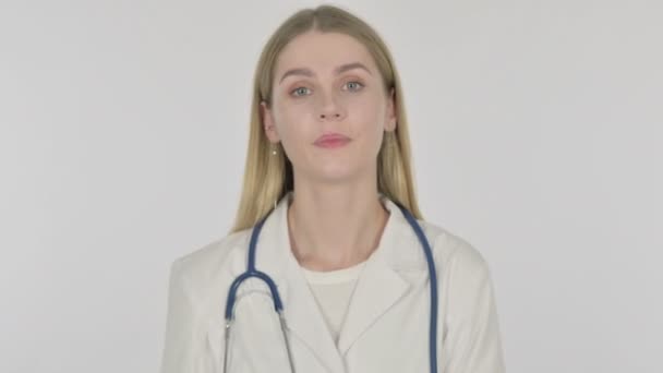 Young Female Doctor Talking Online Video Call White Background — Vídeo de stock