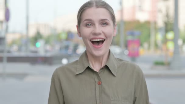 Portrait Excited Young Woman Celebrating Success Outdoor — Vídeo de stock