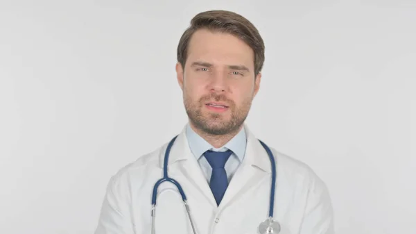 Young Adult Doctor Talking Online Video Call White Background — Φωτογραφία Αρχείου