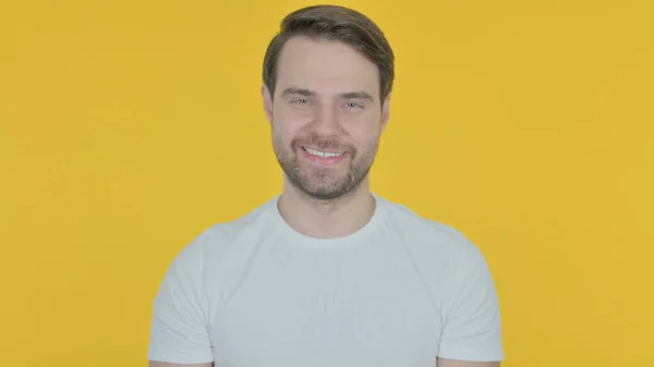 Approval Casual Young Man Shaking Head Yellow Background — 图库照片