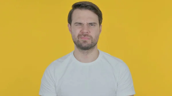 Casual Young Man Having Toothache Yellow Background — Stock Photo, Image