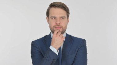 Pensive Young Adult Businessman Thinking and getting Idea on White Background