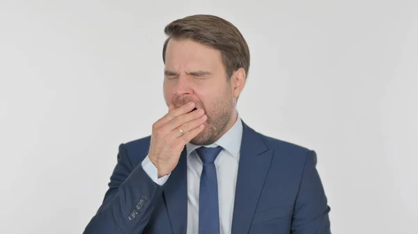 Tired Young Adult Businessman Yawning White Background — 스톡 사진