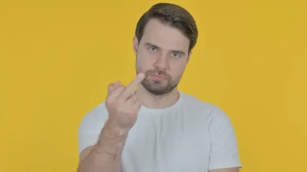 Angry Casual Young Man Arguing Yellow Background — Stockfoto