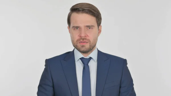 Disappointed Young Adult Businessman Reacting Loss White Background — стоковое фото