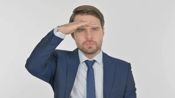 Young Adult Businessman Looking Searching White Screen — ストック写真