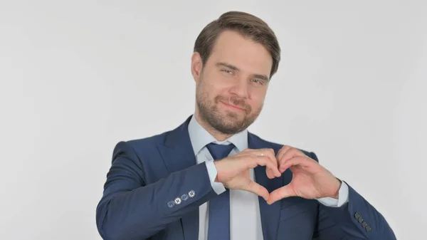 Young Adult Businessman Showing Heart Shape Hands Green Background — Stockfoto
