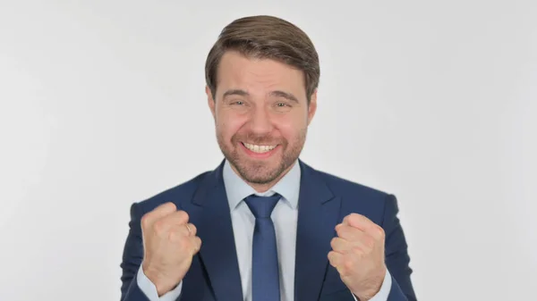 Successful Young Adult Businessman Celebrating White Background — Stock Fotó