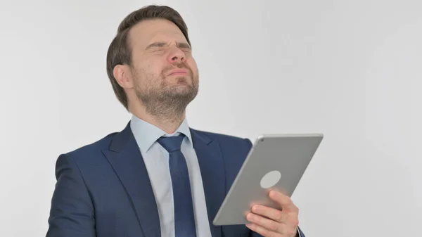 Young Adult Businessman Reacting Loss Tablet White Background — Fotografia de Stock