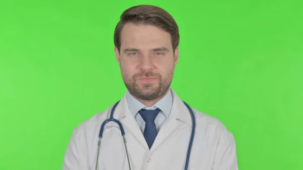 Approval Young Adult Doctor Shaking Head Green Background — Fotografia de Stock
