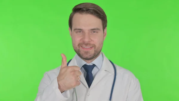 Thumbs Young Adult Doctor Green Background — Stock fotografie