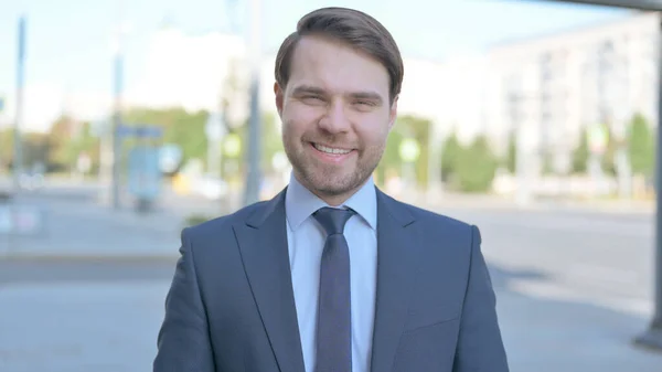 Portrait Middle Aged Businessman Smiling Camera Outdoor — Fotografia de Stock