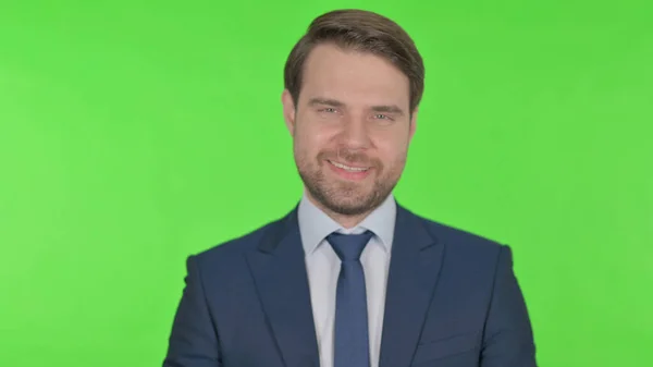 Approval Young Adult Businessman Shaking Head Green Background — Φωτογραφία Αρχείου