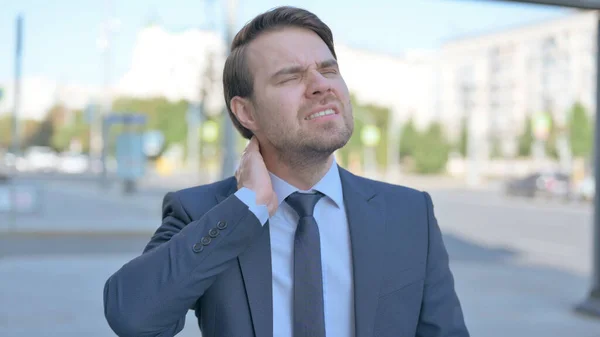Portrait Middle Aged Businessman Having Neck Pain Outdoor — 图库照片