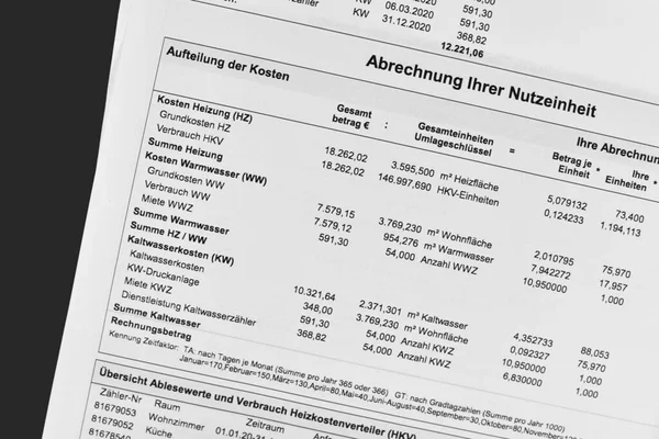 Germany September 2021 Heating Costs Listed German Service Charge Statement — Stock Photo, Image