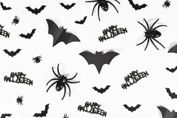 Black Halloween Netopýři Pavouci Mouchy Šťastný Halloween Text Bílém Pozadí — Stock fotografie