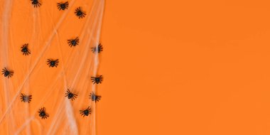 Turuncu arka planda örümcek ağları ve plastik örümceklerle dolu Cadılar Bayramı afişi