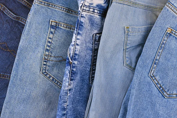 Vue Dessus Différents Pantalons Jeans Bleus Colorés — Photo