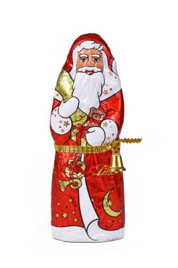 Almanya - Aralık 2021: İsviçre Çikolatacı Lindt 'in beyaz arka planda Noel Baba Maddesi