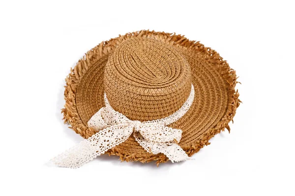 Straw Summer Hat Lace Ribbon White Background — Stock Photo, Image