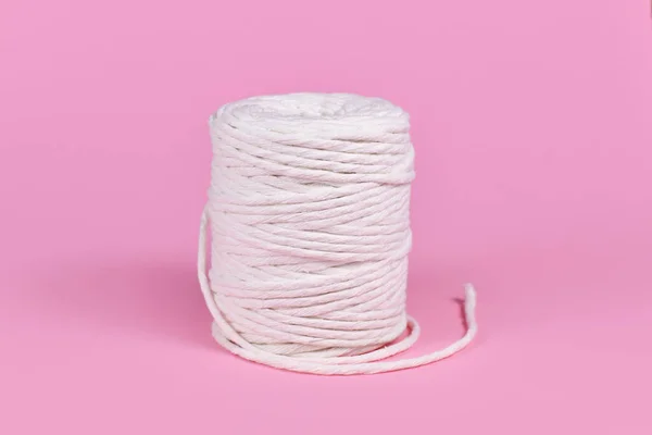 Rolls Cotton Macrame Cord Crafting Pink Background — Stock Photo, Image
