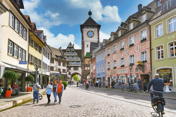 Freiburg Německo Duben 2022 Věž Staré Městské Brány Schwabentor Historickém — Stock fotografie