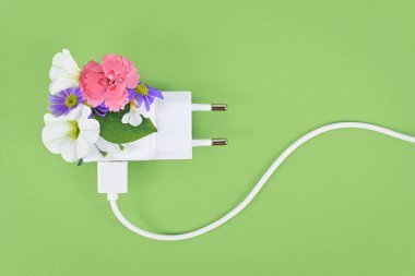 Elektrik kablosu ile yenilenebilir enerji kavramı ve yeşil arka plandaki çiçeklerle tıpa