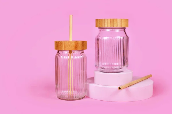 Natural Material Jars Drinking Straws Made Glass Wood Bamboo — Stockfoto