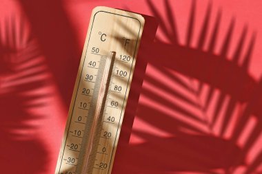 Wooden thermometer showing 40 degrees Celsius or 104 degrees Fahrenheit during summer heat wave
