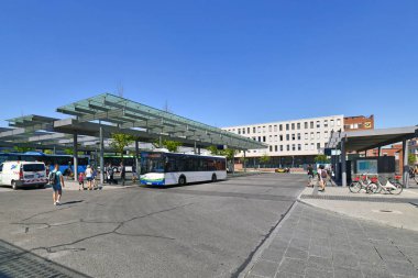 Kaiserslautern, Germany - August 2022: Central bus station at 'Guimaraes Platz' town square in front of main station