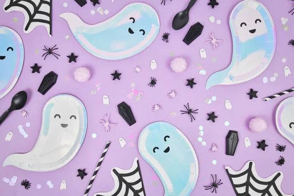 Cute Pastel Colored Halloween Party Flat Lay Ghost Shaped Plates — Stockfoto