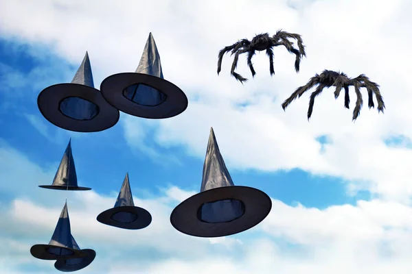 Decoración Halloween Sombreros Brujas Arañas Colgando Cielo — Foto de Stock