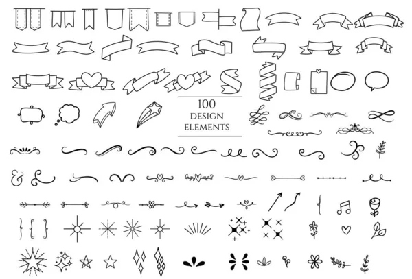100 Tasarım Ögesi Büyük Dekoratif Elementler Koleksiyonu Pankartlar Oklar Yapraklar — Stok Vektör