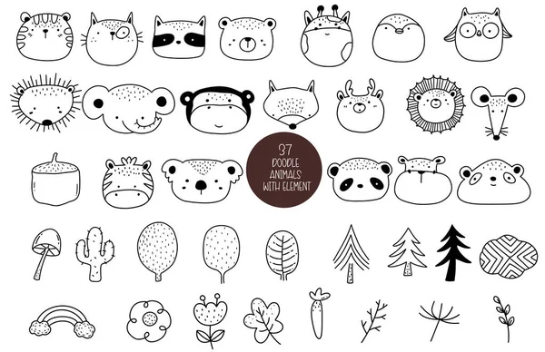 Woodland Animals Bundle Coloring Forest Head Animal Big Collection Decorative — Stock Vector