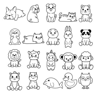 Büyük set vahşi hayvanlar ve evcil hayvanlar boyama ormanı, kafa hayvanı, çocuklar için büyük dekoratif koleksiyonu, bebek karakterler, kart, el çizimi, çizgi film tarzı.