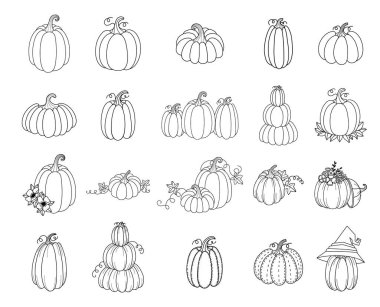 set balkabakları, siyah çizili büyük set sevimli el çizimi, karalama, clipart balkabağı arka planı. vektör illüstrasyonu