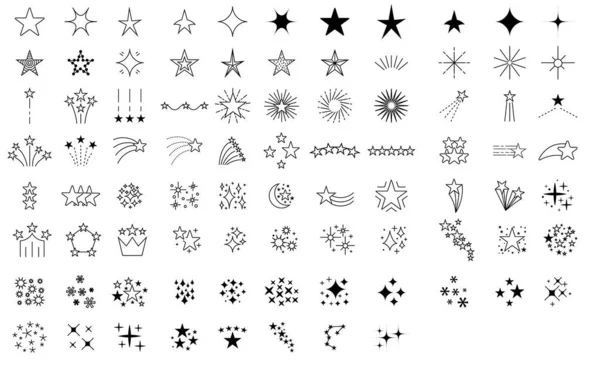 Stars Fireworks Collection Vector Black Line Art Rainbow Big Set — Stock Vector