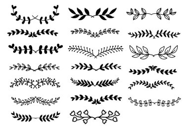 Yapraklar, çiçek, el çizimi, karalama, klipart.vektör illüstrasyonlu karalama tasarımı ögeleri kümesi