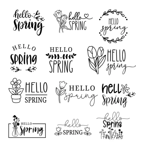 Ciao Primavera Lettering Grande Set Con Fiore Disegnato Mano Scarabocchio — Vettoriale Stock