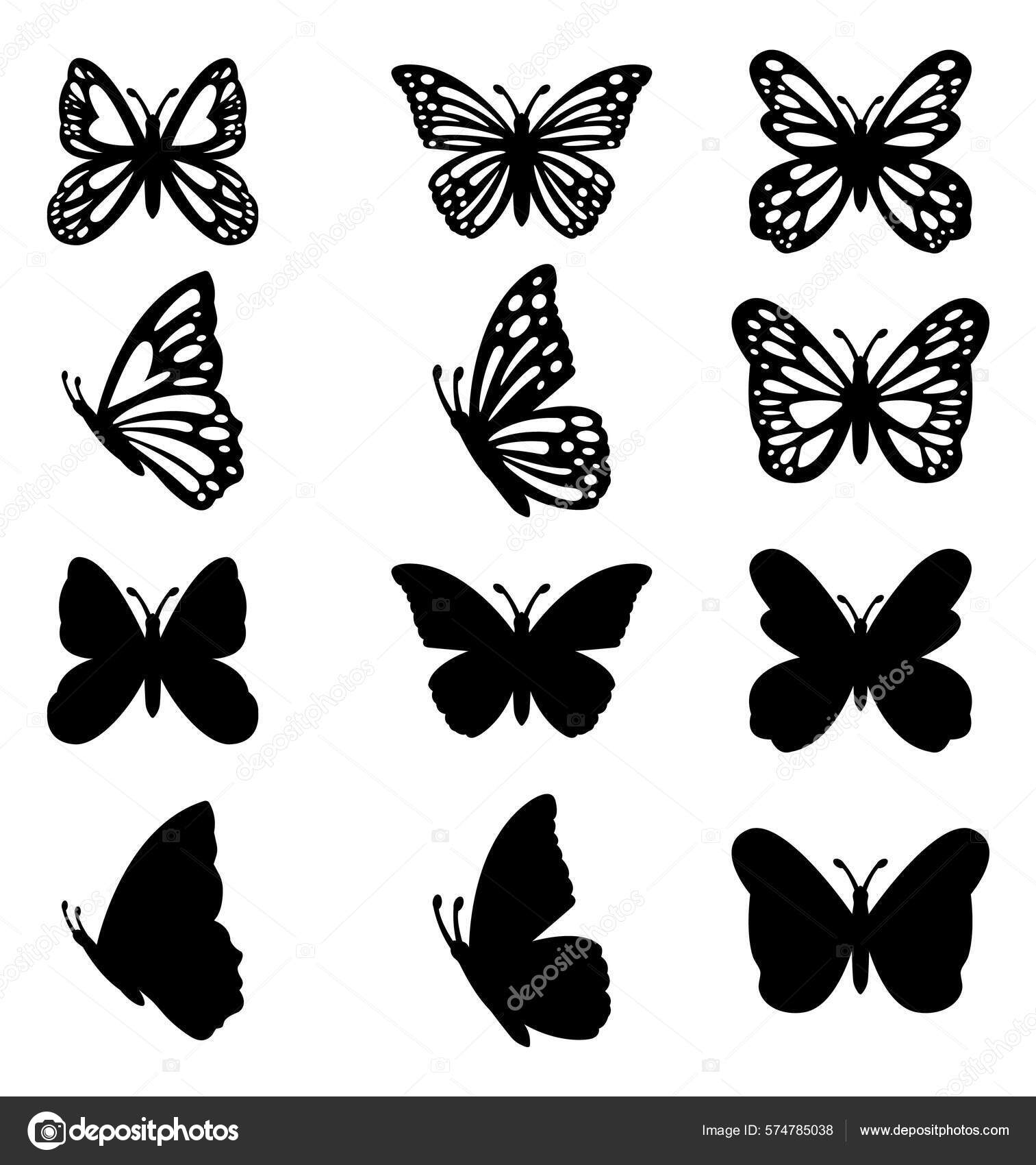 Mariposas Voladoras Silueta Negro Con Conjunto Mariposas Línea Para Tatto  Vector de stock por ©artdee2554 574785038